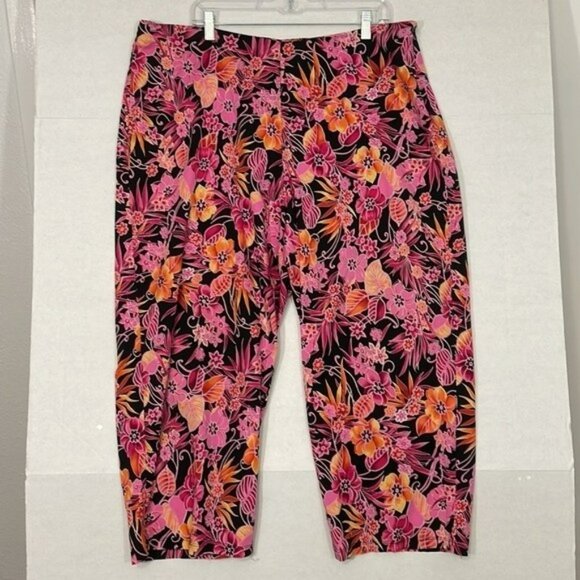 Tiramisu Floral Pants, Side Zip, High Rise, 24" Crop Inseam, Pink Orange Black - Picture 1 of 8